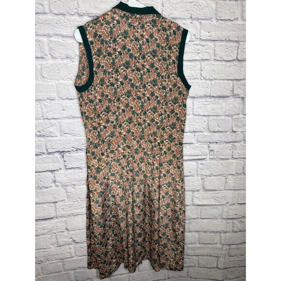 Malec Vintage Short Sleeveless Floral Dress Gold Buttons Emerald Trim SZ MEDIUM - Picture 4 of 6